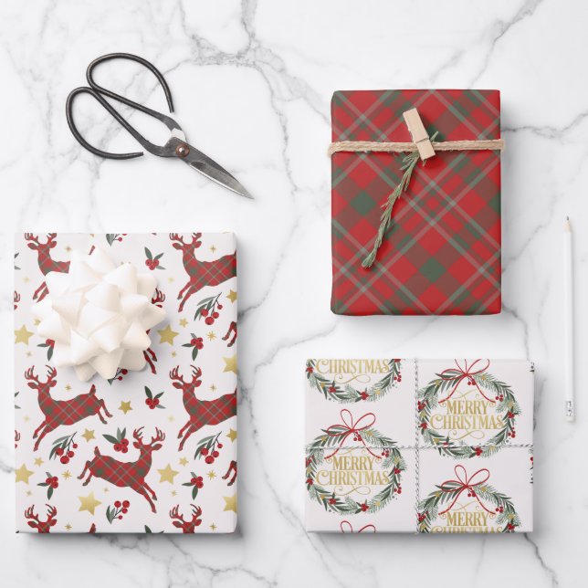 Karierte Weihnachtswrapping-Papierblätter für Rent Geschenkpapier Set (Vorderseite)