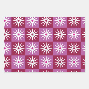 Karierte weiße Margerite auf rotem und rosa Schach Geschenkpapier Set