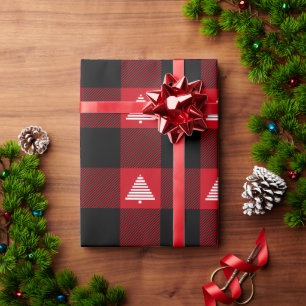 Karierte weiße Weihnachtsbäume in Schwarz und Rot Geschenkpapier