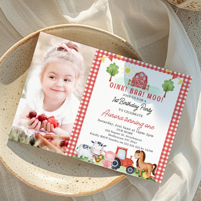 Karierte Zugtiere zum Geburtstag Einladung (Photo Red Farm Birthday Invitation For Girl, Barnyard Animals Birthday Invitation, Red Tractor Barn)