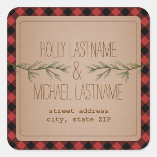 Karierter Adressenaufkleber für Evergreen Branches Quadratischer Aufkleber