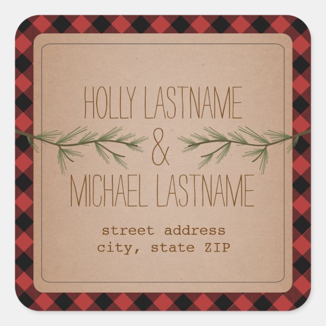 Karierter Adressenaufkleber für Evergreen Branches Quadratischer Aufkleber (Vorderseite)