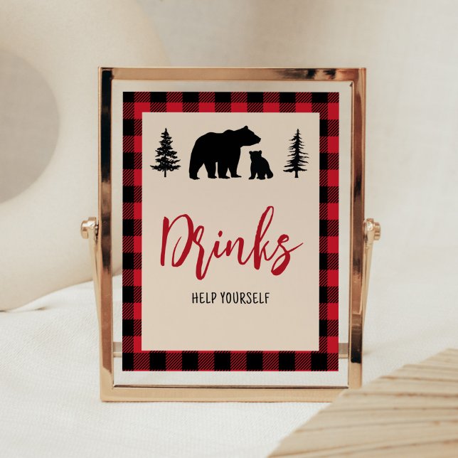 Karierter Bärenkub Lumberjack Baby Duschgetränke Poster (Bear Cub Plaid Lumberjack Baby Shower Drinks Sign)