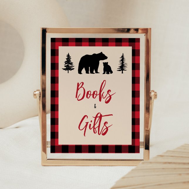 Karierter Bärenkub Lumberjack Bücher und Geschenke Poster (Bear Cub Plaid Lumberjack Baby Shower Books and Gifts Sign
)