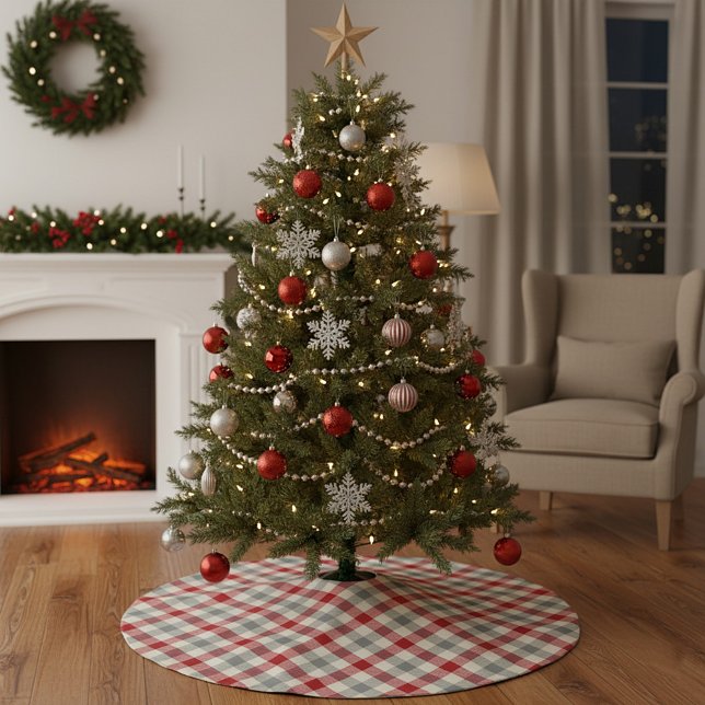 Karierter Bauernstil in Rot und Grau Polyester Weihnachtsbaumdecke (Von Creator hochgeladen)