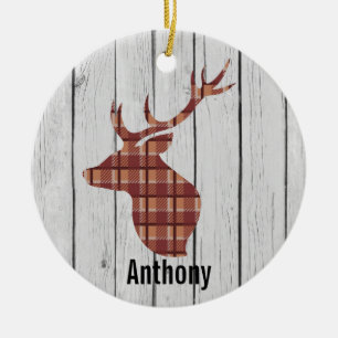 Karierter Big Buck/ Hirschkopf auf Imitaten Graues Keramik Ornament