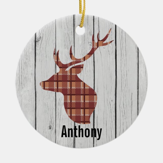 Karierter Big Buck/ Hirschkopf auf Imitaten Graues Keramik Ornament (Vorne)