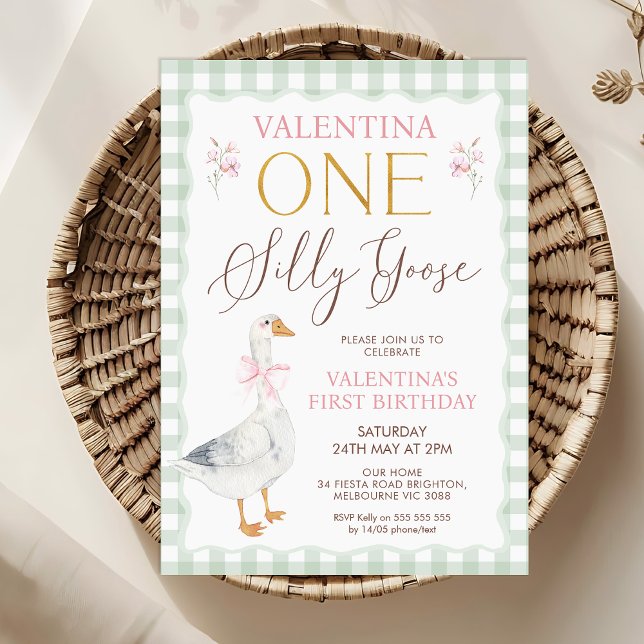 Karierter Bow Albern Gänse 1. Geburtstag Einladung (Sage One Silly Goose 1st Birthday Invitation Template, Pink Bow Goose First Birthday Invite, Plaid)