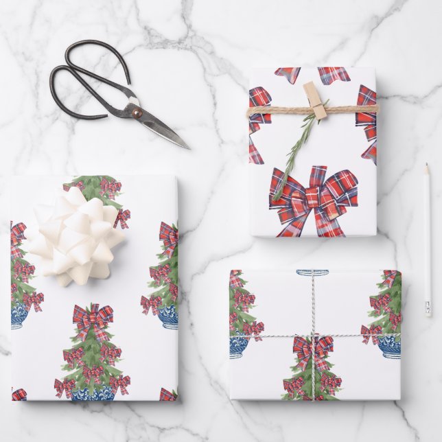 Karierter Bow Chinoiserie Topiary Tree Geschenkpapier Set (Vorderseite)