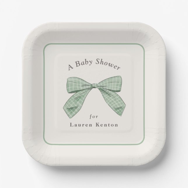 Karierter Bow mit heller Sage Elegante Baby-Dusche Pappteller (Vorderseite)