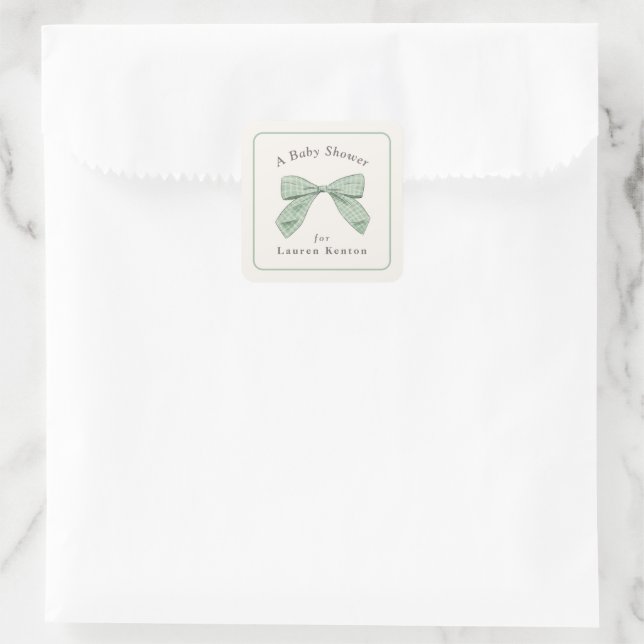 Karierter Bow mit heller Sage Elegante Baby-Dusche Quadratischer Aufkleber (Tasche)