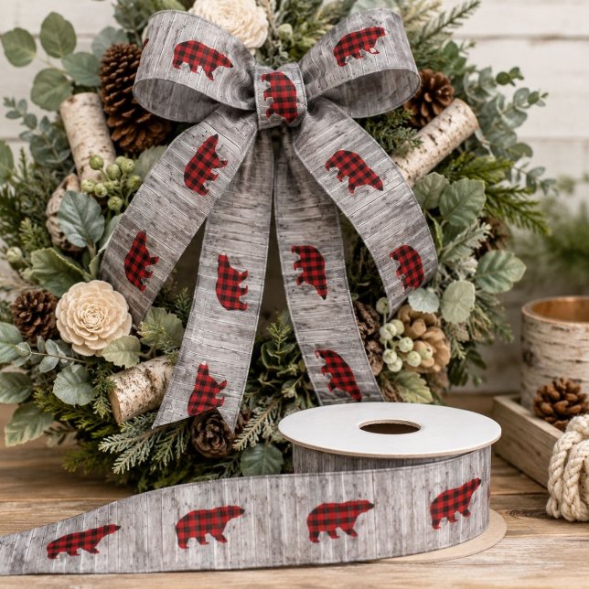 karierter Büffelbär, 1. Geburtstag Party Satinband (rustic country woodgrain buffalo plaid bear satin ribbon)