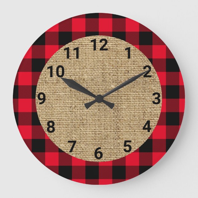 Karierter Burlap Circle von Red und Black Buffalo Große Wanduhr (Vorderseite)