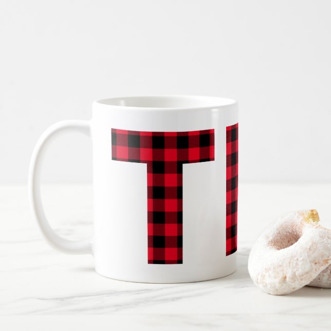 Karierter, feiner Buchstabenteppich aus Rot und Sc Kaffeetasse (Mit Donut)