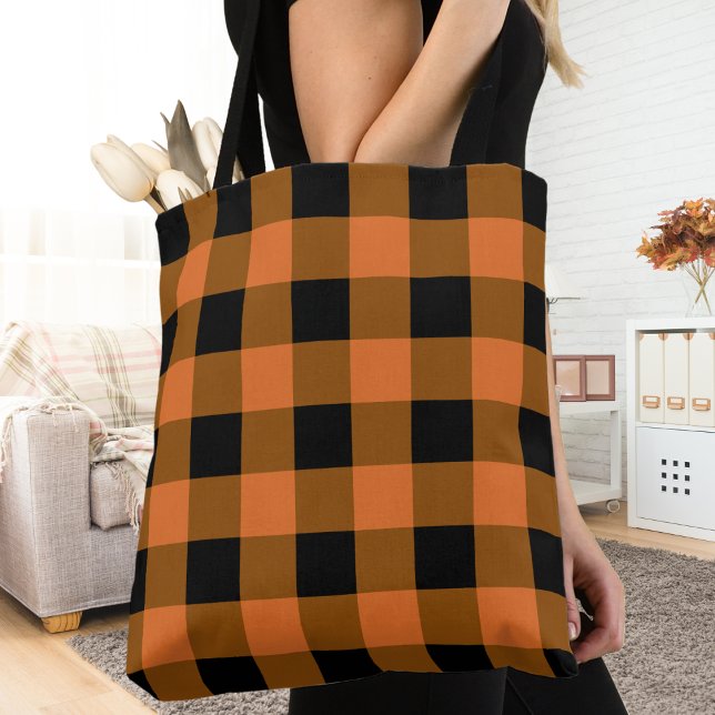 Karierter Herbst in Schwarz und Orange Buffalo (Black and Orange Buffalo Plaid Autumn Fall Tote Bag)