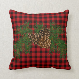 Karierter Kiefernkegel in Rot und Schwarz Kissen