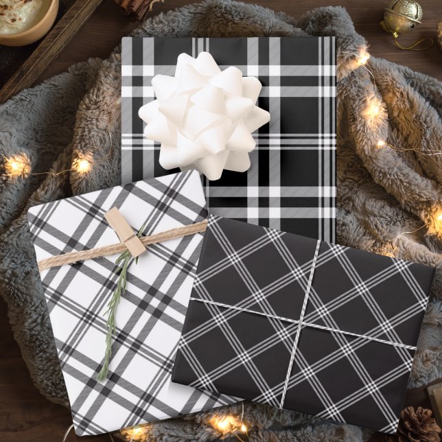 Karierter klassischer Schwarz-Weiß-Tartan Geschenkpapier Set (Classic Black And White Tartan Plaid Wrapping Paper Sheets)