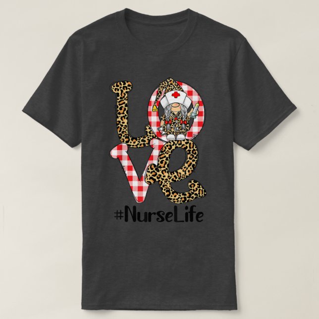 Karierter Leopard Gnome LIEBE Krankenschwester Leb T-Shirt (Design vorne)