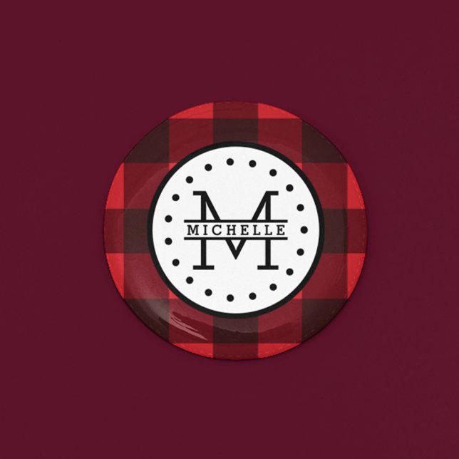 Karierter Lumberjack Name Monogram Button (Von Creator hochgeladen)