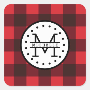 Karierter Lumberjack Name Monogram Quadratischer Aufkleber