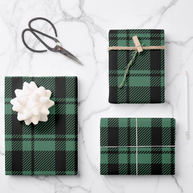Karierter moderner grüner und schwarzer Tartan Geschenkpapier Set (Vorderseite)