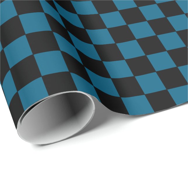 Karierter Ozean blau und Schwarz  Geschenkpapier (Rolleneckpunkt)