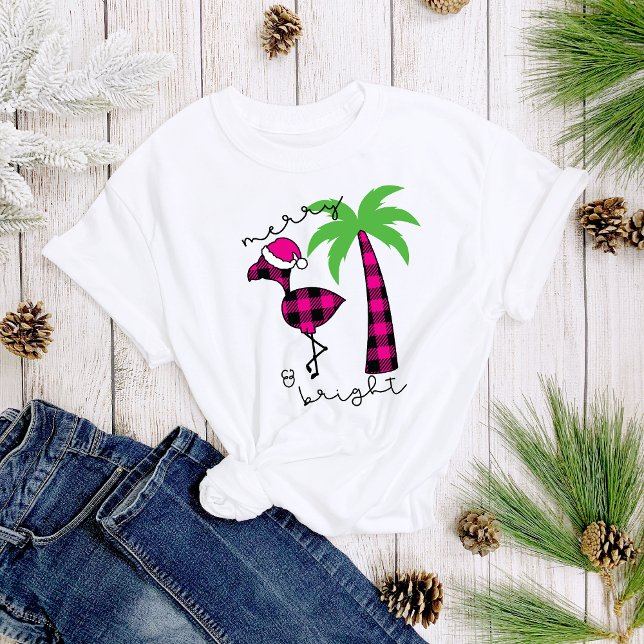 Karierter Palmenbaum Flamingo Merry & Bright Women T-Shirt (Von Creator hochgeladen)