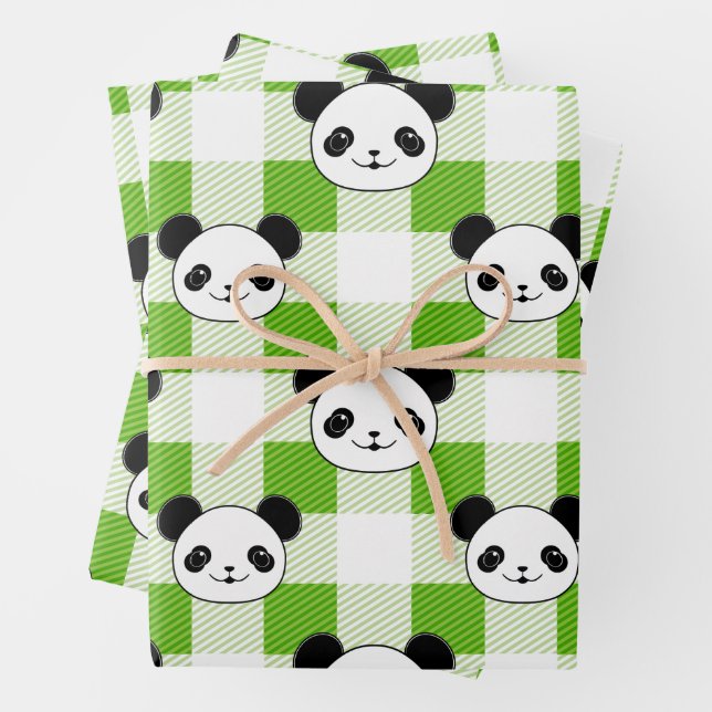Karierter Panda-Bär Tartan-Muster in grün und weiß Geschenkpapier Set (Beispiel)