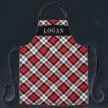Karierter Personalisierter Urlaub in Rot und Schwa Schürze<br><div class="desc">Festliche saisonale Schürze mit klassischem kariertem schottischen Tartan-Muster in Rot,  Schwarz und Weiß mit weißem Serif-Monogramm-Text,  der mit einem Namen personalisiert werden kann. Ob Sie nun Weihnachts-Dinner kochen,  Ferienkekse backen oder Geschirr machen,  in dieser Ferienzeit werden Sie stilvoll aussehen!</div>