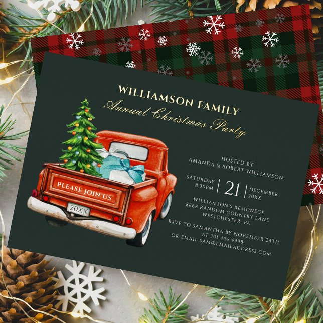 Karierter Red Truck Rustikales Weihnachtsfest Part Folieneinladung (Rustic Plaid Christmas Party Red Truck Tartan Invitation Card)