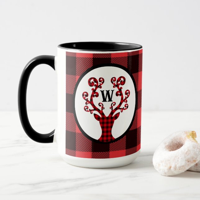 Karierter Rentier-Weihnachtskaffee für kundenspezi Tasse (Mit Donut)