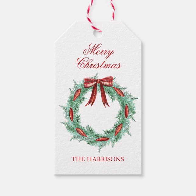 Karierter Ribbon-Kranz Weihnachten Geschenkanhänger (Vorderseite)