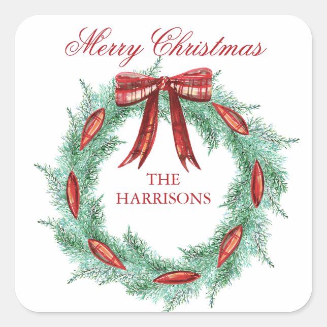 Karierter Ribbon-Kranz Weihnachten Quadratischer Aufkleber (Vorderseite)