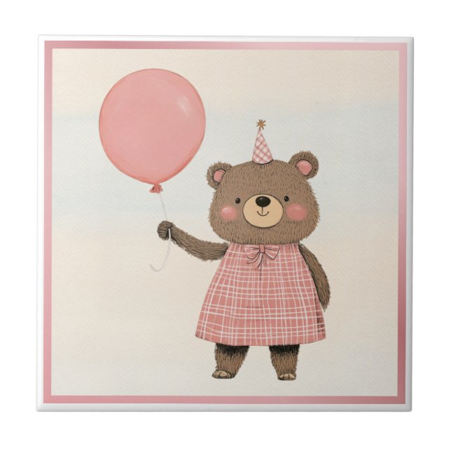 Karierter rosa Kleiderbär mit Bow und Hut Fliese (Vorderseite)