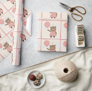 Karierter rosa Kleiderbär mit Bow und Hut Geschenkpapier