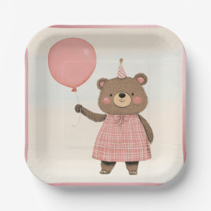 Karierter rosa Kleiderbär mit Bow und Hut Pappteller