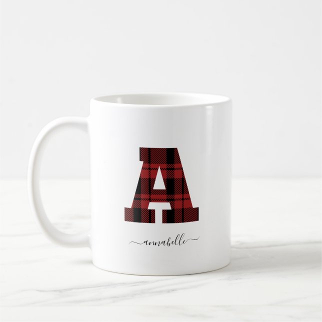 Karierter Rot-Schwarz-Monogramm-Buchstaben "A" Kaffeetasse (Links)