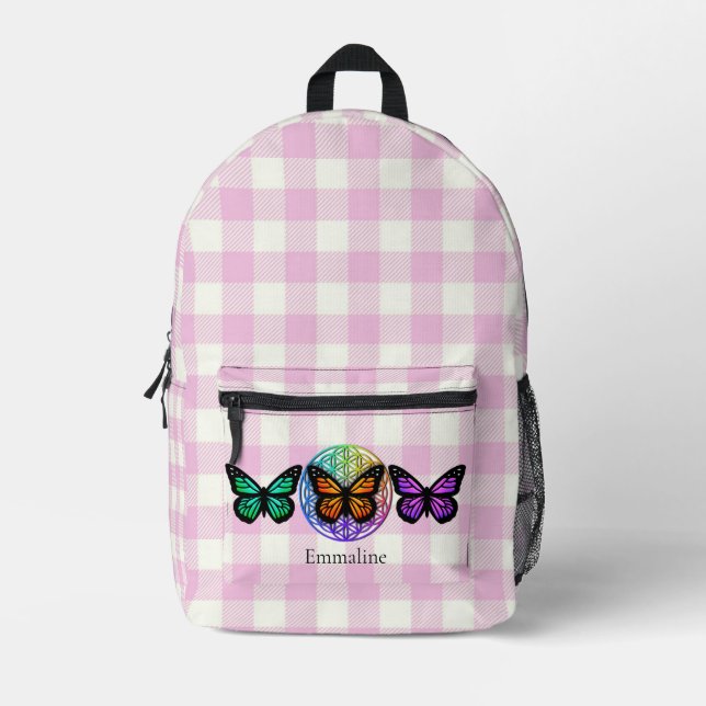 Karierter Schmetterling Blume des Lebens Bedruckter Rucksack (Vorderseite)