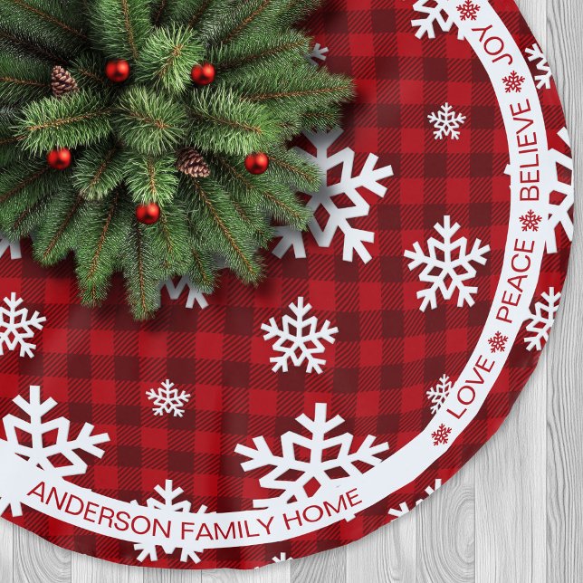 Karierter Snowflake Weihnachten Polyester Weihnachtsbaumdecke (Red Plaid Snowflake Festive Words Christmas Brushed Polyester Tree Skirt)