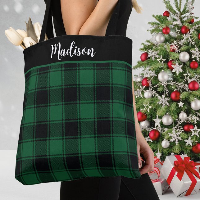 Karierter Tartan mit Grün und Schwarz (Green and Black Tartan Plaid Custom Tote Bag for the Christmas Holiday Season - just add your name!)
