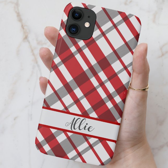 Karierter Tartan, rot, weiß und grau Case-Mate iPhone Hülle (Red, White and Gray Tartan Plaid Custom Phone Case - Select your phone size and add your name!)