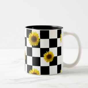Karierter u. Sonnenblume-Schwarzweiss-Druck Zweifarbige Tasse