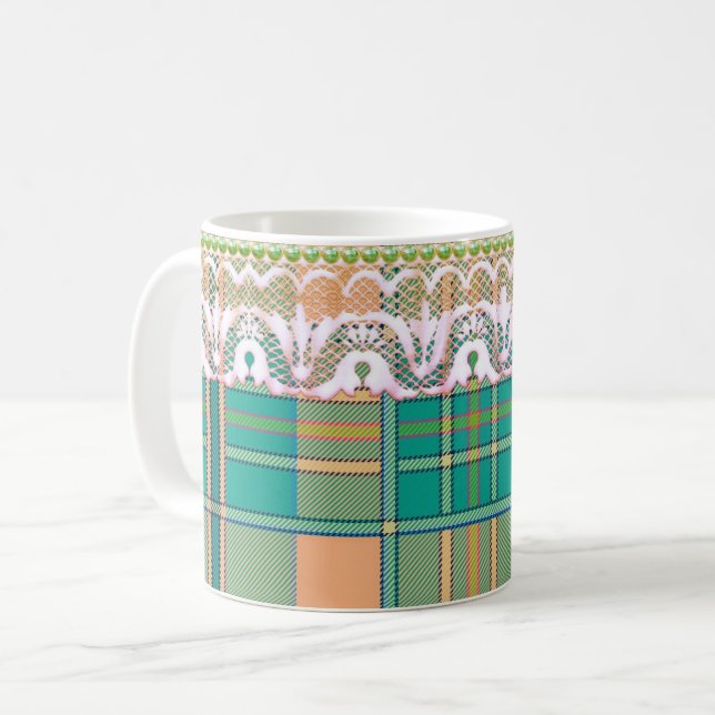 Karierter und spitzengrüner Pfirsich niedlich gürt Kaffeetasse (Vorderseite Links)