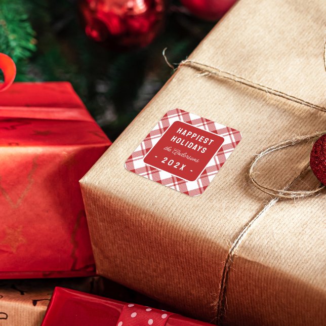 Karierter Urlaub am Roten und Weißen Tartan Quadratischer Aufkleber (Von Creator hochgeladen)