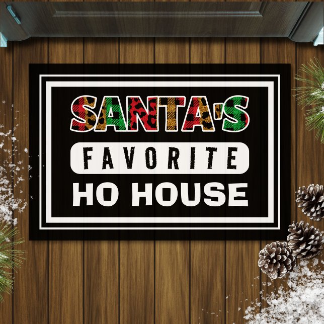 Karierter Weihnachtsmann liebt Ho House Weihnachte Fußmatte (black Christmas doormat with funny quote "Santa's favorite ho house")