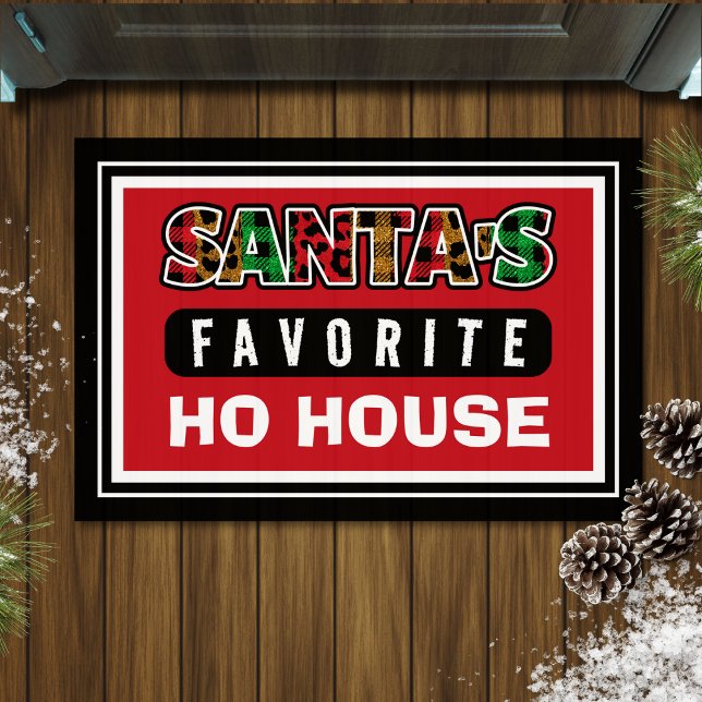 Karierter Weihnachtsmann liebt Ho House Weihnachte Fußmatte (red Christmas doormat with funny quote "Santa's favorite ho house")