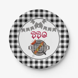 Kariertes Banner-GRILLEN-Party in Schwarz und Weiß Pappteller