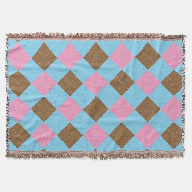 Kariertes Blau, Braun und Rosa Muster Decke (Vorderseite)