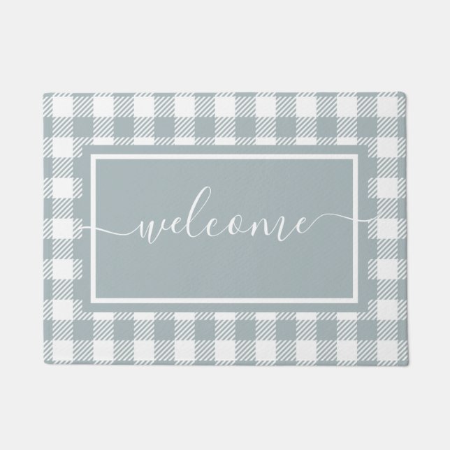 Kariertes Blau und Weiß Gingham Muster Willkommen Fußmatte (Vorderseite)
