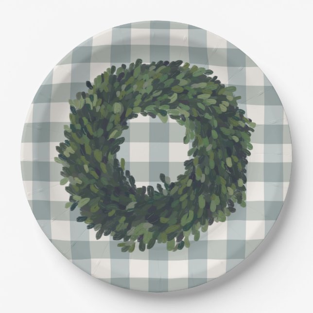 Kariertes Boxwood Wreath Bauernhof Stil Trendy Par Pappteller (Vorderseite)